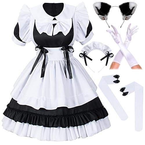 Girl Sweet Kawaii Costume Dress Anime French Maid Cosplay Furry Cat Ear Gloves Socks Set - 4XL - Black-white