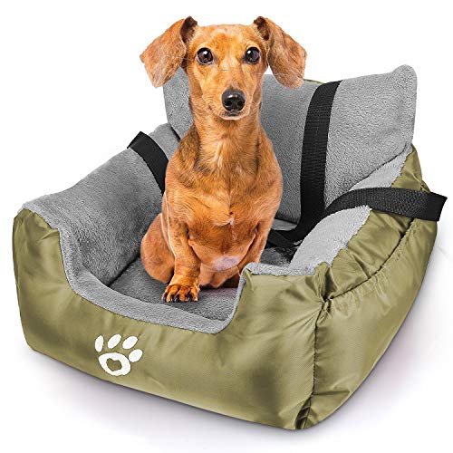 GoFirst Dog Car Seat for Small Dogs or Cats, Pet Booster Seat Travel Car Bed with Storage Pocket and Clip-On Safety Leash, Waterproof Warm Plush Dog Car Safety Seats (Light Green) - Light Green