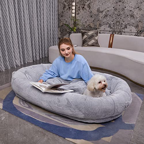 BunniBed Extra Large Human Dog Bed for People Adults and Pets, 70" x 38" x 12" Fluffy Giant Dog Beds with Removable Washable Vegan Fur Cover, Pillow and Blanket - Light Grey