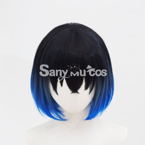 【In Stock】Anime Demon Slayer Cosplay Hashibira Inosuke Black mixed Blue Short Cosplay Wig