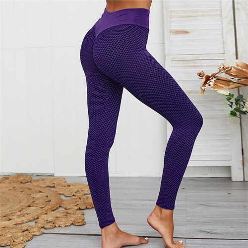 CHRLEISURE Grid Tights Yoga Pants Women Seamless High Waist Leggings Breathable Gym Fitness Push Up Clothing Girl Yoga Pant - Purple / L