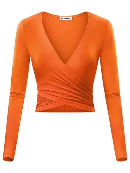 VETIOR Women's Deep V Neck Long Sleeve Unique Slim Fit Cross Wrap Shirts Crop Tops