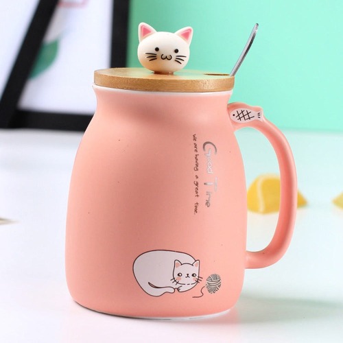 Adorable Cat Cartoon Ceramic Coffee Mug - Pink