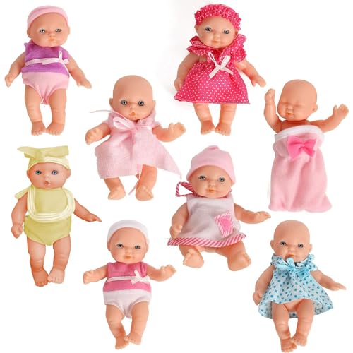 Mommy & Me Baby Doll Set, Mini Baby Dolls, Collection of 8 Assorted 5 Inch Dolls in Colorful Outfits and Matching Accessories Small Baby Dolls for Girls Toddlers and Kids - Dolls