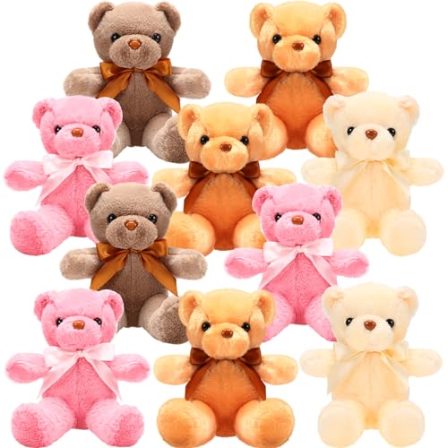 Skylety 10 Pieces Bears Bulk Stuffed Animals Soft Plush Toy Valentines Day Gift Bears with Ribbon Bow for Boys Girls Birthday Wedding Baby Shower Bears Party Favor(Warm Colors) - Warm Colors