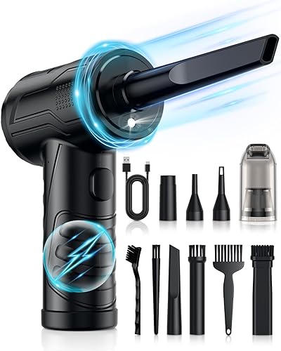 Powerful Compressed Air Duster for Deep Cleaning-Replace Compressed Air Can-No Canned Air Duster-Keyboard Cleaner-PC Cleaning-Rechargeable-3-Speeds-95000RPM Cordless Air Blower-Car Duster 8000mAh - Classic Black