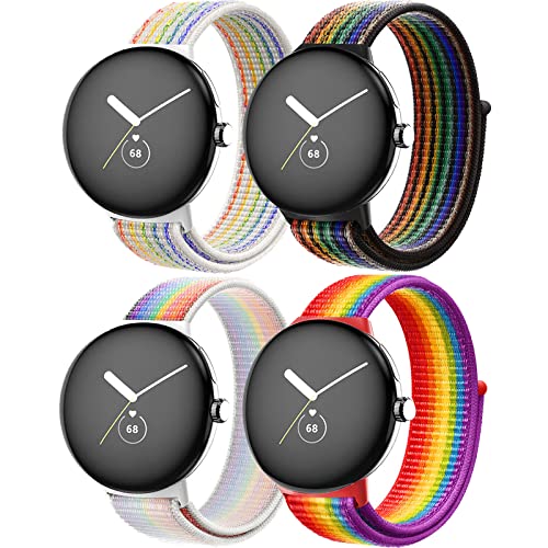 DMVEIMAL Pixel Watch Band,Nylon Strap for Google Pixel Watch 2/1 Bands for Women/Men Sport Loop Bracelet Correa,4Pcs Stretchy Breathable Waterproof Replacement Wristband Smart Watch Accessories - 10-Rainbow/Pride Edition/White Pride/Black Pride