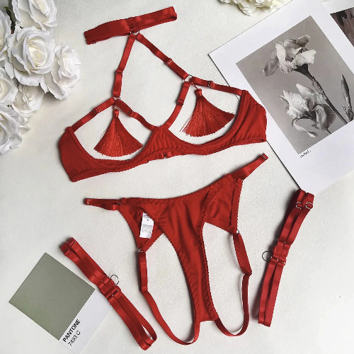 Tassel Open Bra Crotchless Lingerie Set - Red / S