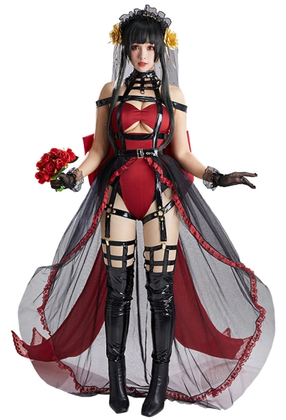 Yor Derivative Halloween Black and Red Wedding Suit Sexy Lingerie Bride Bodysuit with Big Back Bowknot and Veil