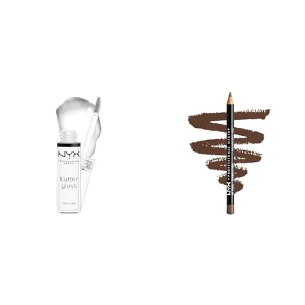NYX PROFESSIONAL MAKEUP Butter Gloss, Non-Sticky Lip Gloss - Sugar Glass (Clear) & Slim Lip Pencil, Long-Lasting Creamy Lip Liner - Espresso