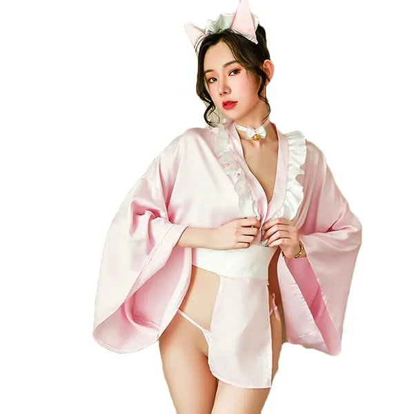 JasmyGirls Damen Sexy Katze Cosplay Dessous Frech Japanischer Kimono Anime Pyjamas Kawaii Kätzchen Ohr Kostüm Nettes Lolita Outfit - 