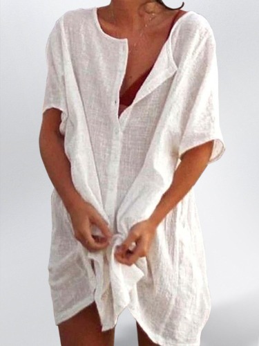 Casual Solid Tunic V-Neckline Shift Dress | White / S