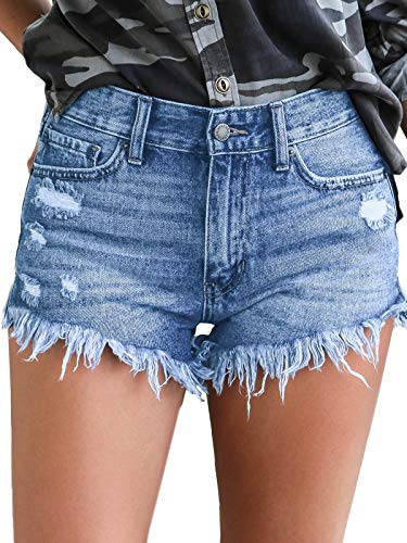 Govc Womens Jean Shorts Mid-Rise Frayed Raw Hemline Ripped Denim Short Jeans - Lightblue - Small