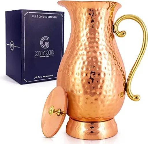 G GOODYGOODS Hammered Copper Water Pitcher, 70 fl oz. Handmade Hammered Copper Water Jug W/ Lid For Drinking & Homestyle Unique Gifts, 100% Heavy Duty Copper, No Inner Liner, Ayurveda Health Benefits. : Home & Kitchen