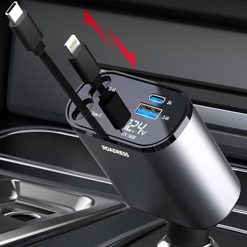 ROADRESS Retractable Car Charger with Dual Retractable Cords, Type-C Cable Fast Charging Up to 100W, 4 in 1 Fast Car Phone Charger with Voltage Display for iPhone 15/14/13/12 Pro Max,iPad,Samsung - Type-C and Lightning Retractable Cable