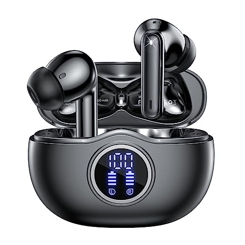 Wireless Earbuds Bluetooth 5.3 Headphones 40Hrs Playtime with LED Display for iphone and Android, Wireless earphones Deep Bass and Noise cancelling Bluetooth Ear Buds with IPX7 Waterproof, Fast Charge - Black