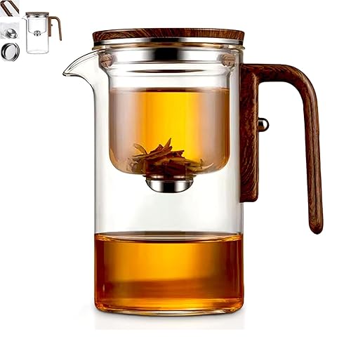 Glass Teapot with Wooden Handle,2025 Upgrade Press Control Enchanted Teapot,Magic Glass Teapot With Strainer for Flower Tea and Loose Tea Magical Teapot(520ml)