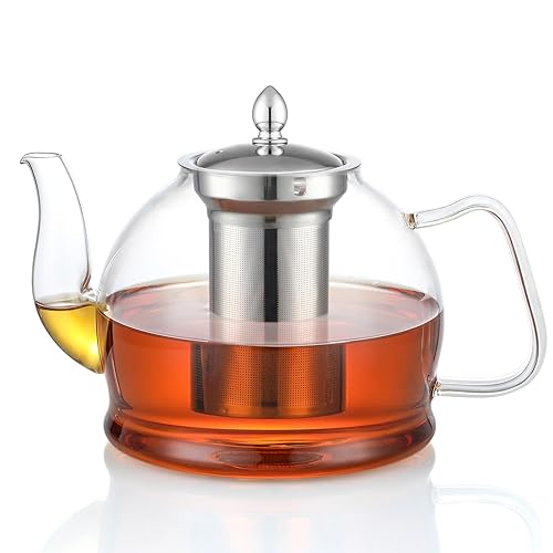 HIWARE 1500ml Glass Teapot with Removable Infuser, Stovetop Safe Tea Kettle, Blooming and Loose Leaf Tea Maker Set - 50 oz