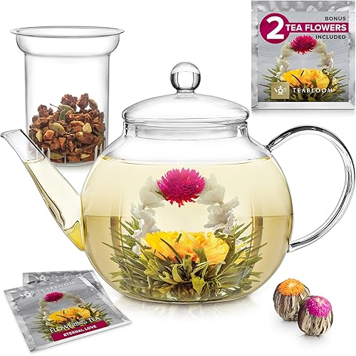 Teabloom Stovetop & Microwave Safe Glass Teapot (40 oz) with Removable Loose Tea Glass Infuser – Includes 2 Blooming Teas – 2-in-1 Tea Kettle and Tea Maker