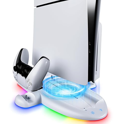 OWISUEE Raffreddamento Verticale per Supporto PS5 Slim, Design di Ricarica Doppio Controller Aggiornato, Base con Ventola e 9 RGB, Accessori Compatibili con PS5 Slim Digital/Disc