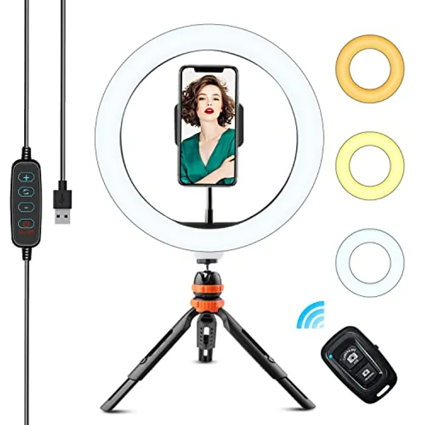 WOWGO Luce ad Anello, 10'' LED Selfie Ring Light con Treppiedi, Telecomando Wireless, 3 Modalità di Colore e 11 Livelli di Luminosità per Belle Foto o Tik Tok Video Shooting, Live Streaming, Makeup