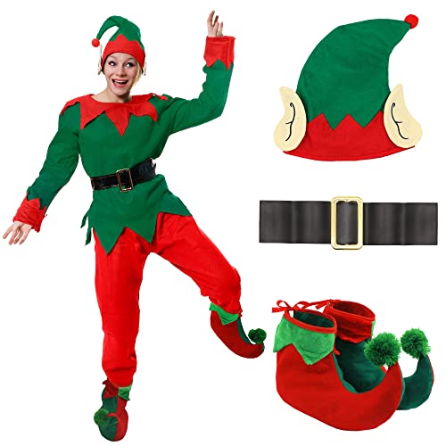 Ladies Elf Costume - Womens Cheeky Elf Christmas Fancy Dress- Green Top + Red Trousers + Belt + Elf Hat With Ears + Deluxe Pom Pom Elf Shoes - S