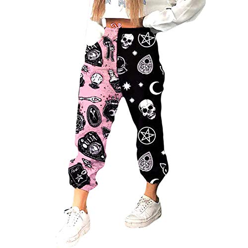 Women´s High Waisted Color Block Joggers Pants Loose Fit Baggy Sporty Sweatpants Gym Athletic Fit - M - Black Pink Moon