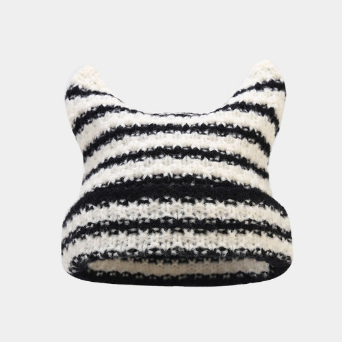 Cat Ears Streetwear Harajuku Beanie Little Devil Striped Knitted Hat - Black white striped / head 56-59cm