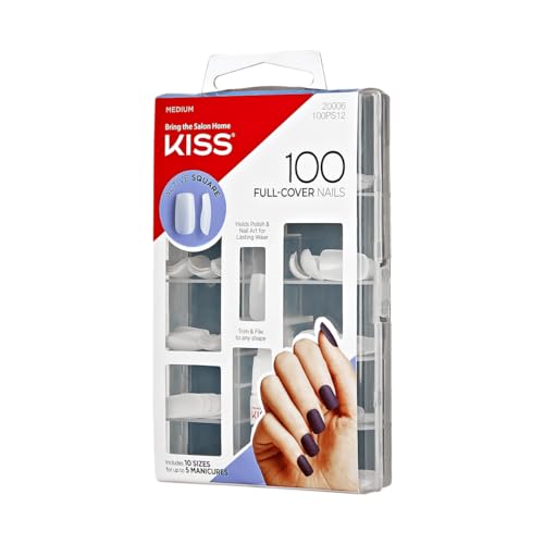 KISS 200 Full-Cover Manicure Kit, Medium Length Active Square Fake Nails, Longer Lasting, 10 Sizes with Maximum Speed Nail Glue - 1 count (Pack of 1)