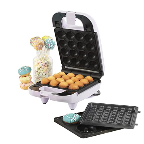 Giles & Posner EK4943GSPP Pastel 3 In 1 Compact Mini Treat Maker - Delicious Doughnuts, Cake Pops & Waffles, Party Treat Waffle & Cake Maker, Easy Clean Non-Stick Removable Plates, 650W, Sorbet Purple - Purple