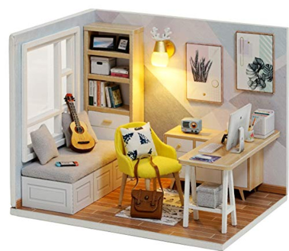 DIY Doll Room Miniature Furniture Wooden House Kit - DIY Cabin Sunshine Study 1:32 Mini Collector's Edition with Furniture and Accessories (Without Bear) - Qt007