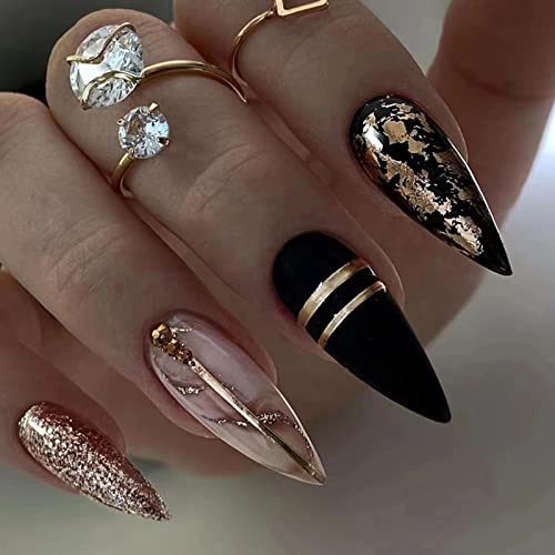 Almond False Nails Short, 24Pcs Black and Gold Glitter French Fake Nails, Ballerina Press on Nails with Nails Glue Stickers, Stiletto Acrylic Stick on Nails for Women and Girls - Gold & Black Glitter