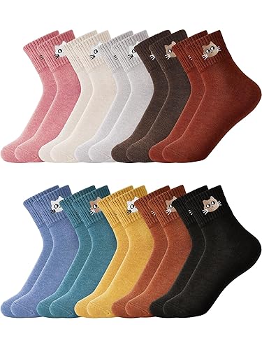 Eurzom 10 Pairs Socks Elastic Ankle Length Cotton Socks Aesthetic Socks Cute Socks Lightweight Low Cut Socks for Women Girl - One Size - Cat
