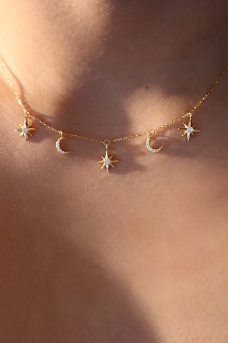 18K Gold Vermeil Multi Moon Star Necklace | Default Title