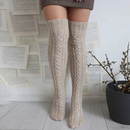 Cosy Thick Cable Knit Over Knee Socks - Coffee / One Size