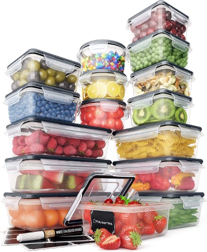 32 Piece Food Storage Containers Set with Easy Snap Lids (16 Lids + 16 Containers) - Airtight Plastic Containers for Pantry & Kitchen Organization - BPA-Free Food Containers with Free Labels & Marker