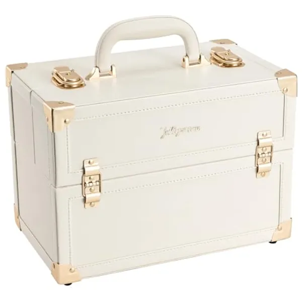 Joligrace Makeup Train Case Large Portable Cosmetic Makeup Storage Box Organizer Lockable with 4 Tray Compartments Retro Champagne Beige Vegan Leather