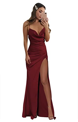 RYANTH Women's Spaghetti Strap Cowl Neck Long Satin Slit Maix Dress Plus Size Prom Dress RYA361 - 14 - Burgundy
