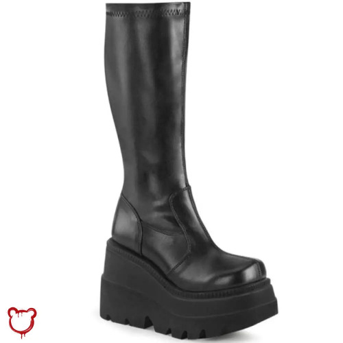 'Black Goth Platform Boots' - Black Faux Leather / 8.5