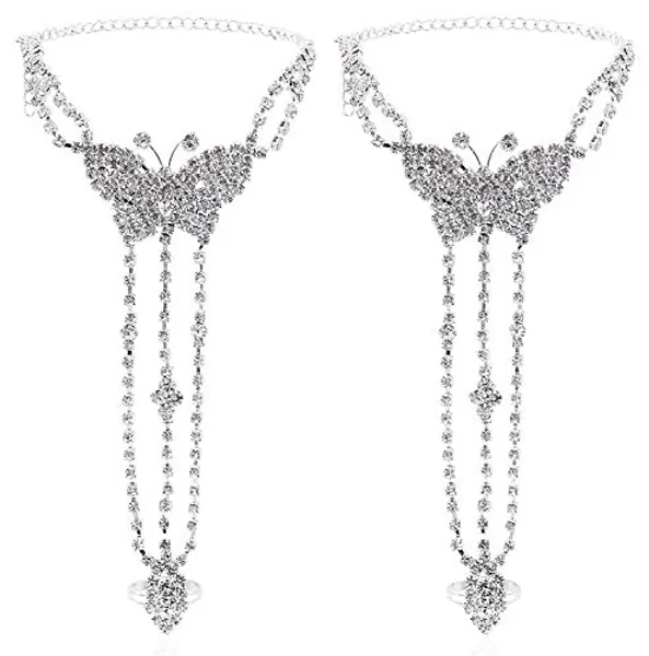 2 Pieces Women's Foot Chain Barefoot Sandals Beach Wedding Jewelry Anklet with Rhinestone Toe Ring