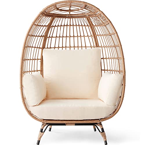 Best Choice Products Wicker Egg Chair, Oversized Indoor Outdoor Lounger for Patio, Backyard, Living Room w/ 4 Cushions, Steel Frame, 440lb Capacity - Ivory - Ivory