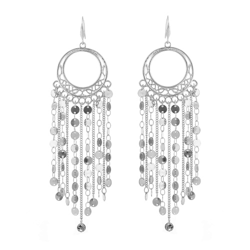 Bohemian Boho Tassel Dangle Drop Earrings for Women – Lightweight Filigree Gypsy Coin Chandelier Disc Charm Hoops – included Gift Box - Round - Silver