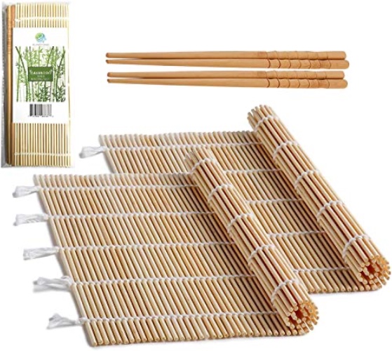 FUNGYAND Bamboo Sushi Rolling Mat with 2 Pairs of Chopsticks Natural Bamboo 9.5"x9.5" 2 PCS Sushi Making Kit - White