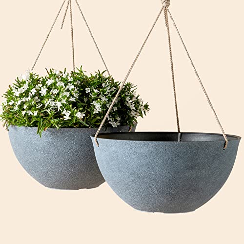 LA JOLIE MUSE Large Hanging Planters for Outdoor Plants - Hanging Flower Pots Weathered Gray (13.2 Inch, Set of 2) - Gray