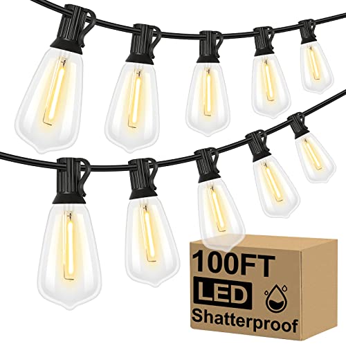 Brightever LED Outdoor String Lights 100FT Patio Lights with 52 Shatterproof ST38 Vintage Edison Bulbs, Outside Hanging Lights Waterproof for Porch, Deck, Garden, Backyard, Balcony, 2700K Dimmable - 2700k Warm White - 100FT