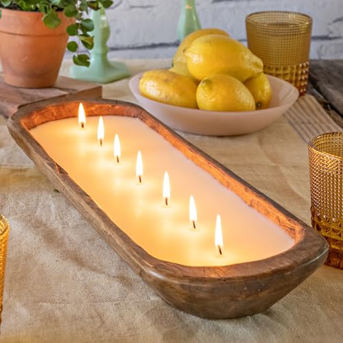 MAINEVENT Wooden Dough Bowl Candles 20 Inch, Farmhouse Table Centerpiece Soy Boat Candle Bowl, Unscented - 20 in