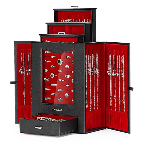 Homde Jewelry Organizer with Transparent Window Necklace Hooks Gift for Women Jewelry Box Display Case for Necklaces Rings Earrings Bracelets and Other Accessories (Black + Red) - Black & Red