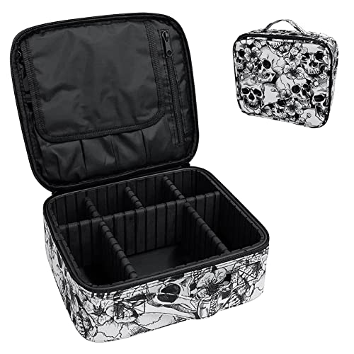 9CH Skull Makeup Bag Organizers, Travel Makeup Bags for Women Large Cosmetic Bag with Adjustable Dividers Portable Goth Cosmetic Case for Cosmetics Makeup Brushes Toiletry Jewelry - Skull Floral