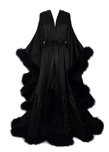 Old Hollywood Feather Robe Sexy Boudoir Robe Feather Bridal Robe Satin Long Wedding Scarf New Custom Made - Medium - Black