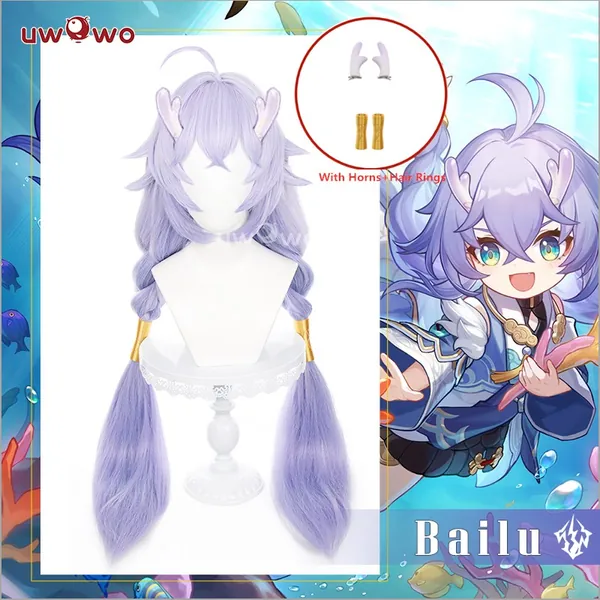 【Pre-sale】Uwowo Honkai Star Rail Cosplay Wig Bailu Dragon Wig Long Blue Hair (With Horns And Hair Rings)